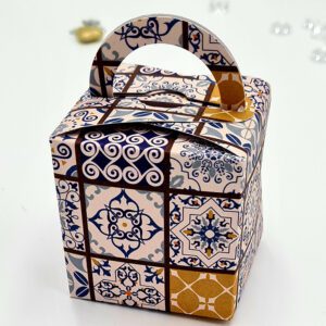Get Moroccan Print printed cube favour box online at My Favours. We provide a wide range of favour boxes, table plans, selfie boards, stickers, etc., at effective prices. Buy now.