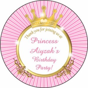 Pink Birthday Crown - Circle Personalised Favour Stickers - MyFavours